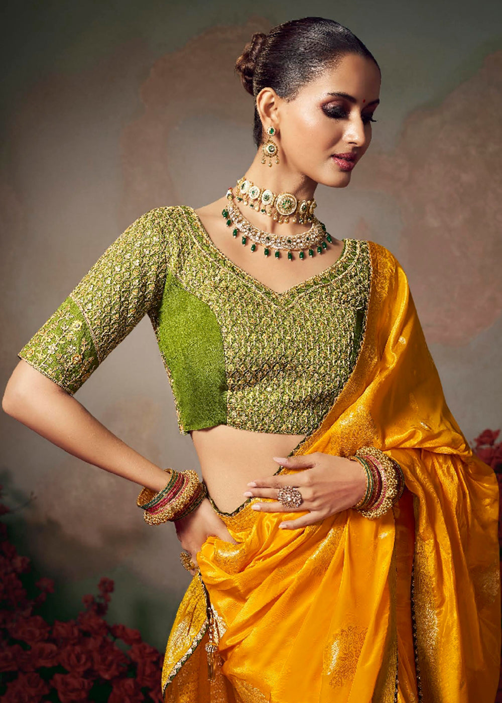 Buy Now Yellow Fancy Silk Material Function Wear Saree Online in US, UK, Canada, France, Germany, Denmark, Sweden, Italy, Greece, UAE &amp; Worldwide at Empress.
