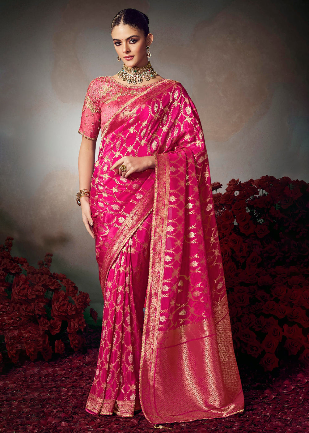 Buy Now Rani Pink Fancy Silk Material Function Wear Saree Online in US, UK, Canada, France, Germany, Denmark, Sweden, Italy, Greece, UAE & Worldwide at Empress.