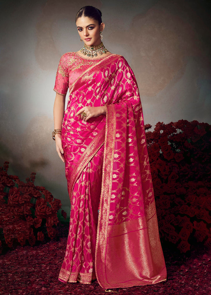 Buy Now Rani Pink Fancy Silk Material Function Wear Saree Online in US, UK, Canada, France, Germany, Denmark, Sweden, Italy, Greece, UAE &amp; Worldwide at Empress.