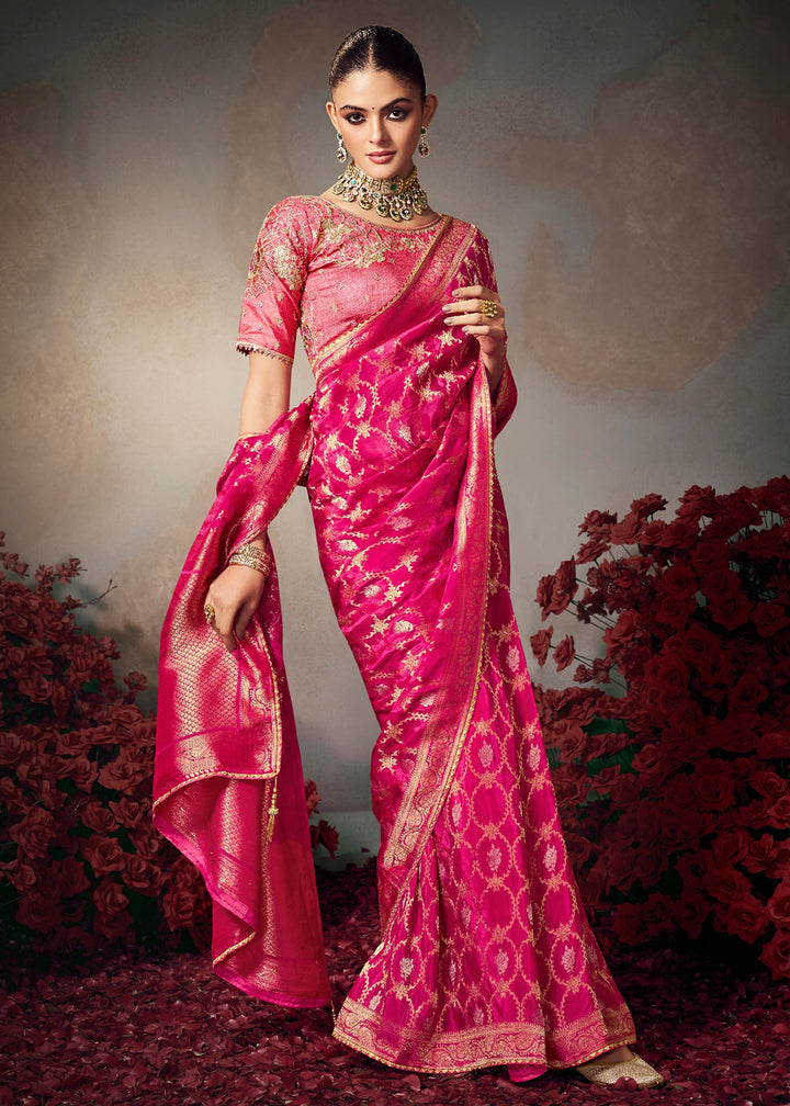 Buy Now Rani Pink Fancy Silk Material Function Wear Saree Online in US, UK, Canada, France, Germany, Denmark, Sweden, Italy, Greece, UAE &amp; Worldwide at Empress.