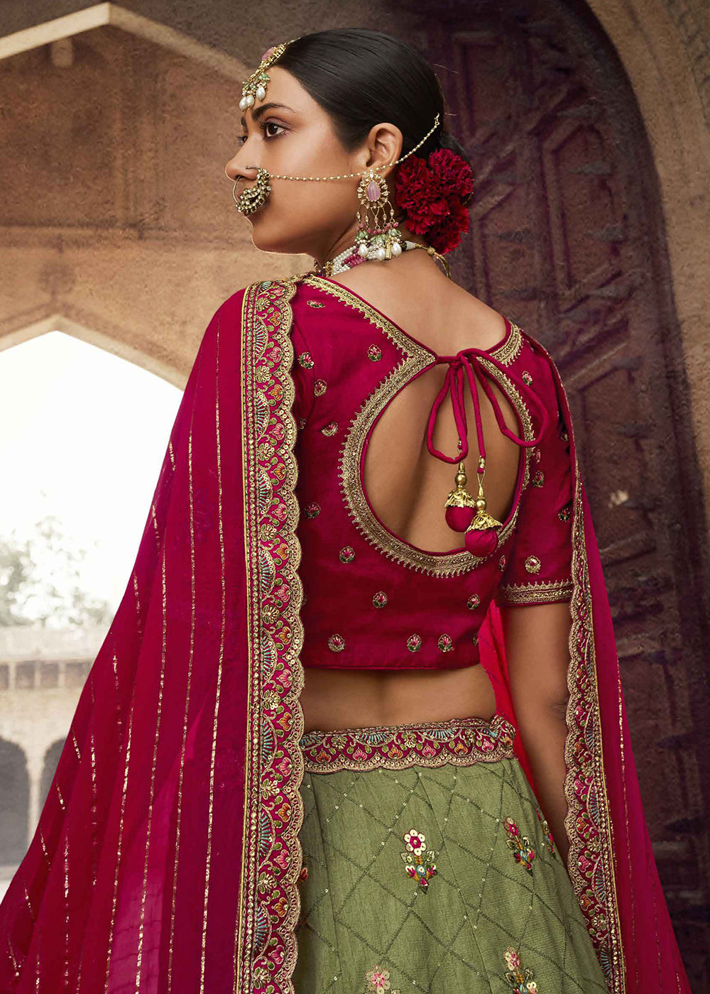 Buy Now Heavy Viscose Green & Rani Pink Embroidered Bridal Lehenga Choli Online in USA, UK, Canada & Worldwide at Empress Clothing. 