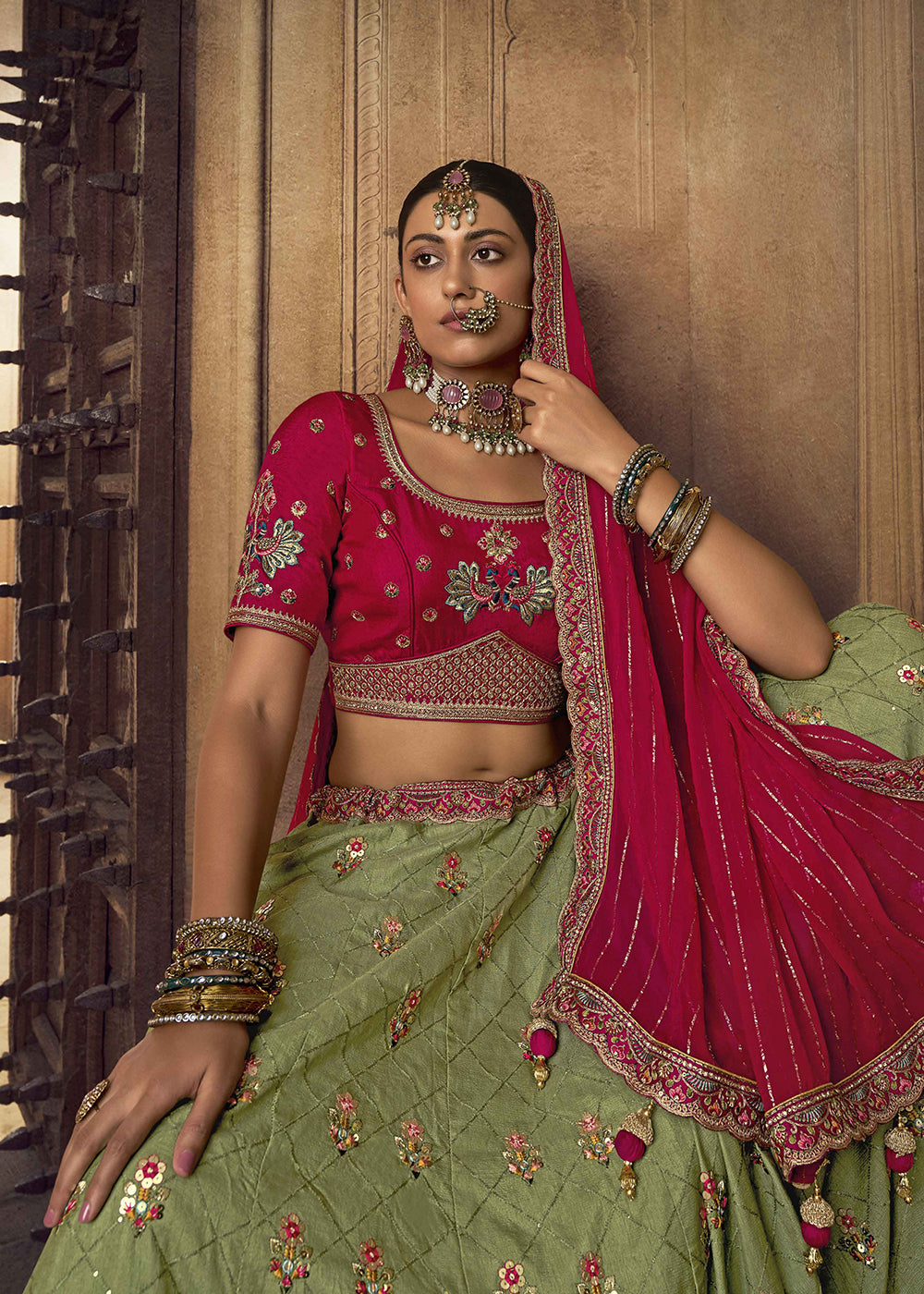 Party Wear Pink and Green Printed Banarasi Silk Lehenga Choli