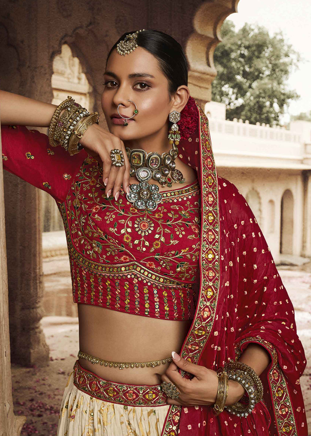 Buy Now Heavy Viscose Cream & Red Embroidered Bridal Lehenga Choli Online in USA, UK, Canada & Worldwide at Empress Clothing. 