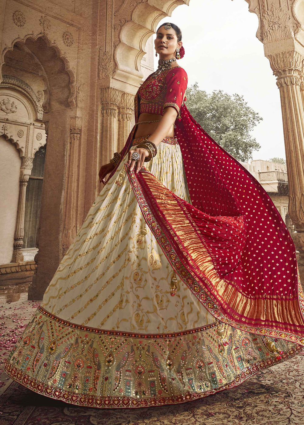 Heavy Viscose Cream & Red Embroidered Bridal Lehenga Choli Heavy Viscose Cream & Red Embroidered Bridal Lehenga Choli