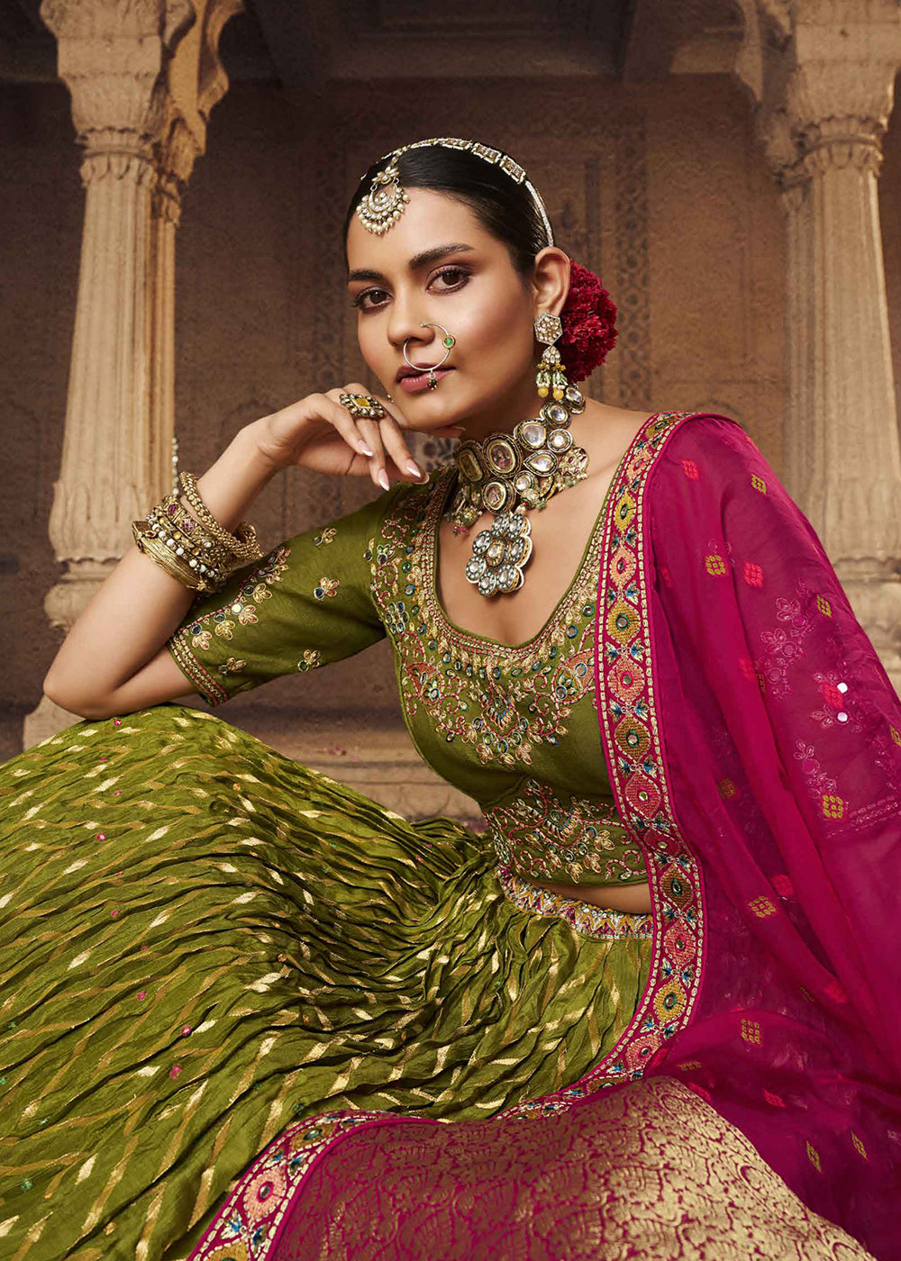 Buy Now Heavy Viscose Mehndi Green Embroidered Bridal Lehenga Choli Online in USA, UK, Canada & Worldwide at Empress Clothing.