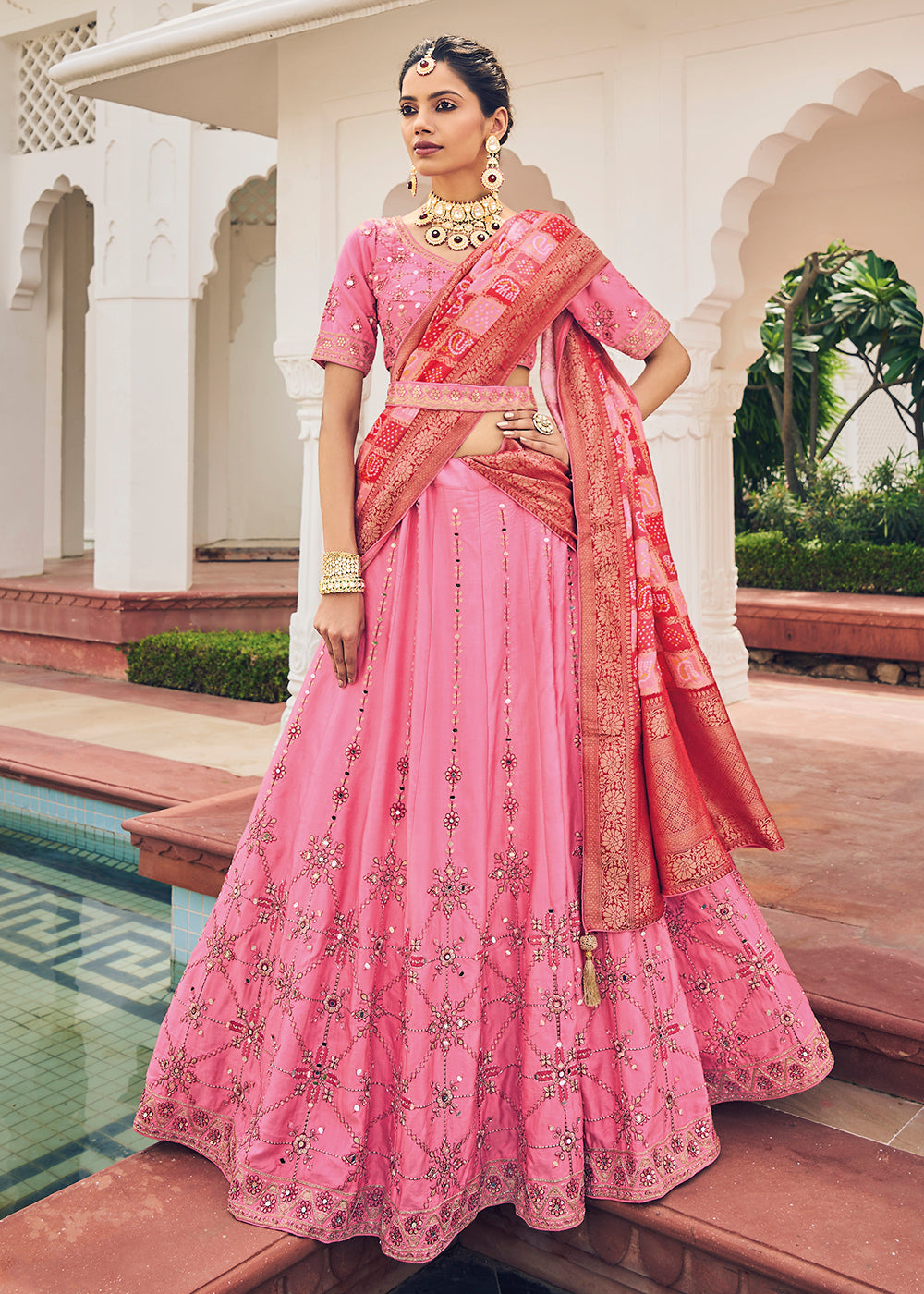Buy Now Gorgeous Pink Viscose Silk Traditional Bridal Lehenga Choli Online in USA, UK, Canada & Worldwide at Empress Clothing. 