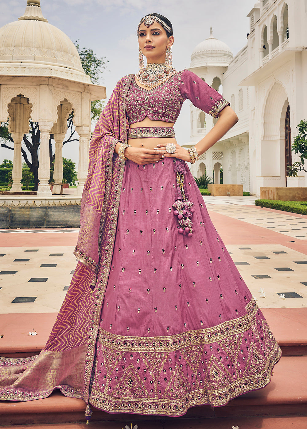 Buy Now Dusty Pink Viscose Silk Traditional Bridal Lehenga Choli Online in USA, UK, Canada & Worldwide at Empress Clothing.