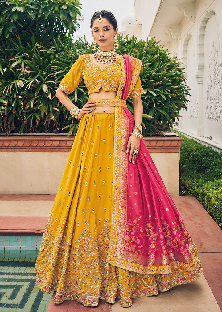 Buy Now Alluring Yellow Viscose Silk Traditional Bridal Lehenga Choli Online in USA, UK, Canada & Worldwide at Empress Clothing. 