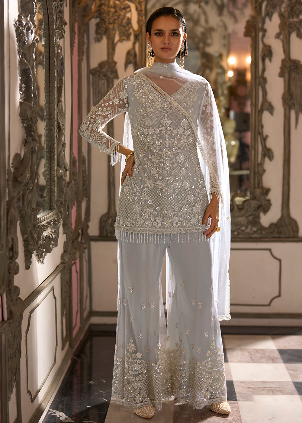 Buy Now Silver Blue Net Cut Dana Work Designer Salwar Suit Online in US, UK, Canada, Germany, Italy, France, Greece, Australia, Denmark & Worldwide at Empress.
