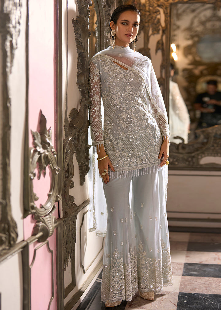 Buy Now Silver Blue Net Cut Dana Work Designer Salwar Suit Online in US, UK, Canada, Germany, Italy, France, Greece, Australia, Denmark &amp; Worldwide at Empress.