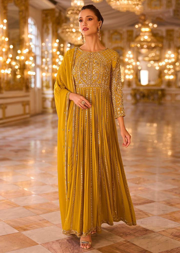 Buy Mustard Gold Soft Georgette Designer Anarkali Suit Online in US, UK, Sweden, Denmark, Greece, Germany, Canada, Austria, Sweden, UAE &amp; Worldwide at Empress.