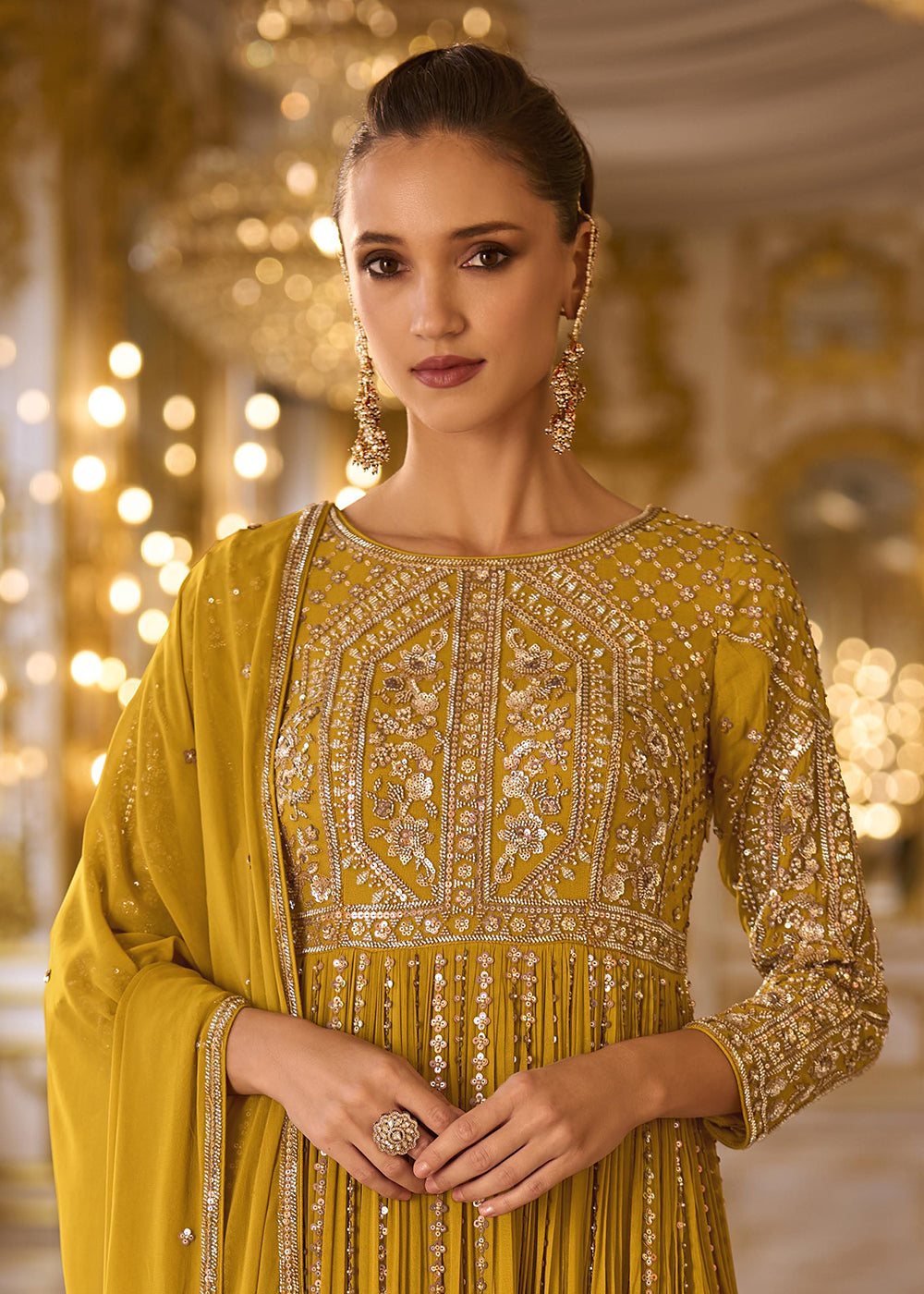 Buy Mustard Gold Soft Georgette Designer Anarkali Suit Online in US, UK, Sweden, Denmark, Greece, Germany, Canada, Austria, Sweden, UAE &amp; Worldwide at Empress.