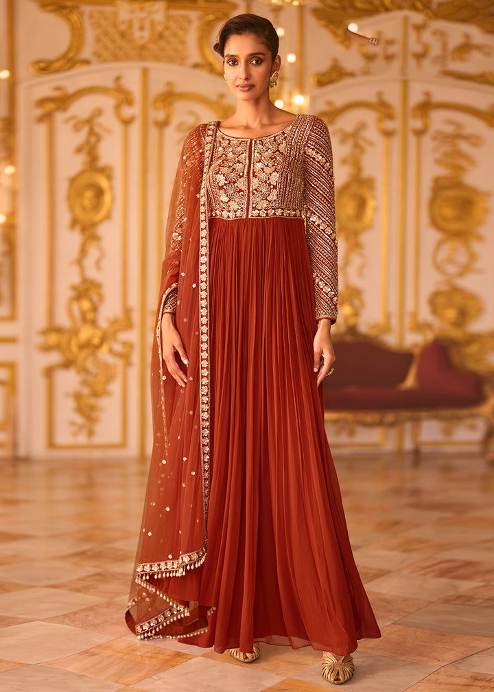 Buy Amber Rust Soft Georgette Designer Anarkali Suit Online in US, UK, Sweden, Denmark, Greece, Germany, Canada, Austria, Sweden, UAE &amp; Worldwide at Empress.