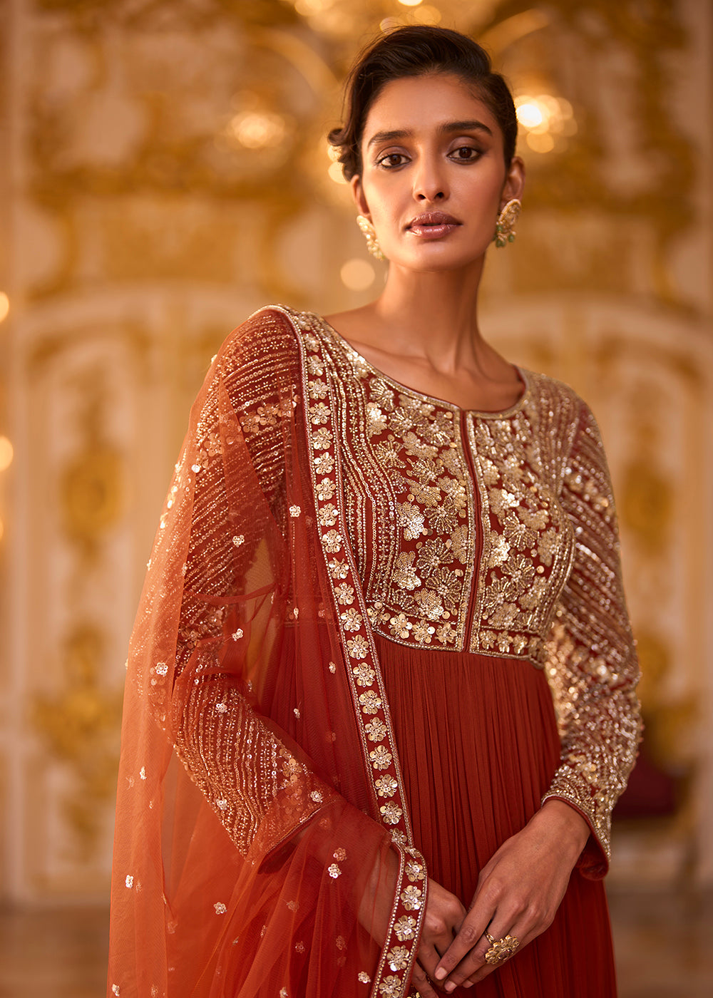 Buy Amber Rust Soft Georgette Designer Anarkali Suit Online in US, UK, Sweden, Denmark, Greece, Germany, Canada, Austria, Sweden, UAE &amp; Worldwide at Empress.