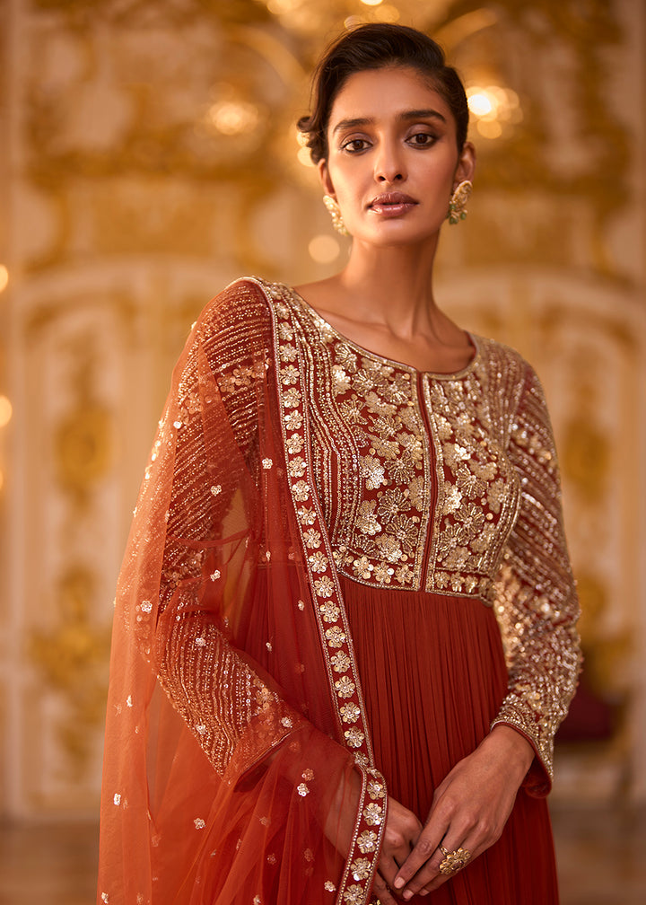 Buy Amber Rust Soft Georgette Designer Anarkali Suit Online in US, UK, Sweden, Denmark, Greece, Germany, Canada, Austria, Sweden, UAE &amp; Worldwide at Empress.