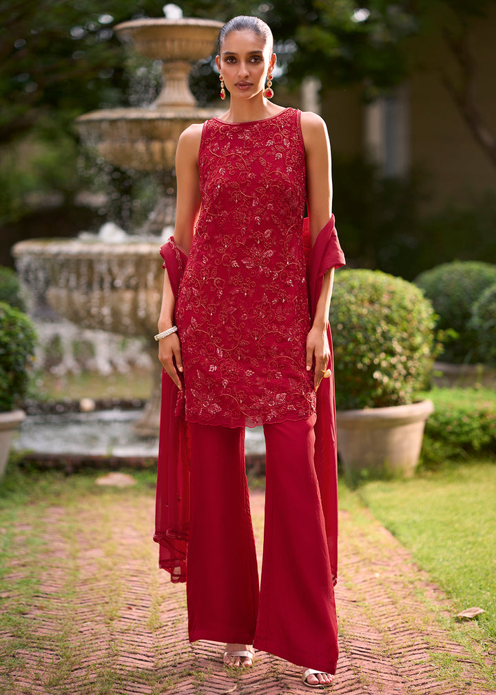 Buy Now Red Moti &amp; Cutdana with Floral Party Pakistani Style Suit Online in US, UK, Canada, Netherlands, Germany, Italy, France, Greece &amp; Worldwide at Empress.
