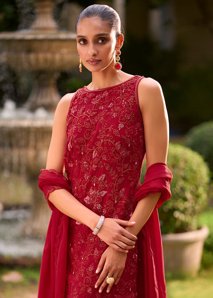 Buy Now Red Moti &amp; Cutdana with Floral Party Pakistani Style Suit Online in US, UK, Canada, Netherlands, Germany, Italy, France, Greece &amp; Worldwide at Empress.