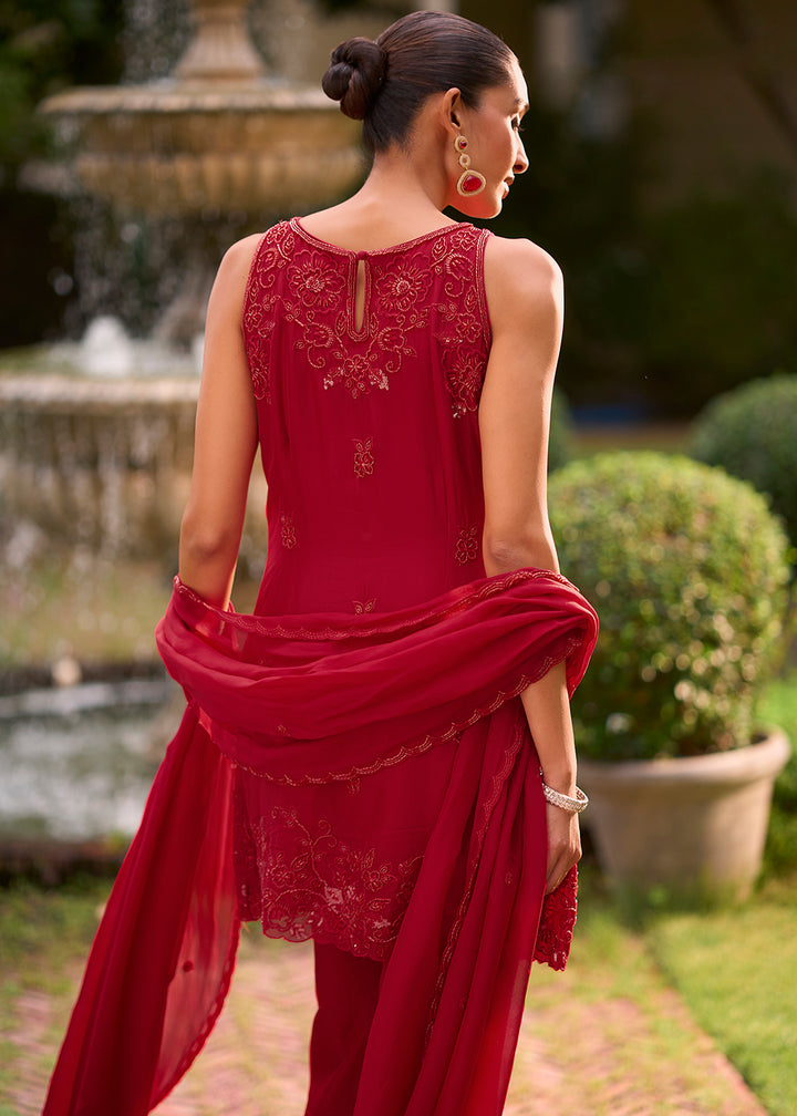 Buy Now Red Moti &amp; Cutdana with Floral Party Pakistani Style Suit Online in US, UK, Canada, Netherlands, Germany, Italy, France, Greece &amp; Worldwide at Empress.