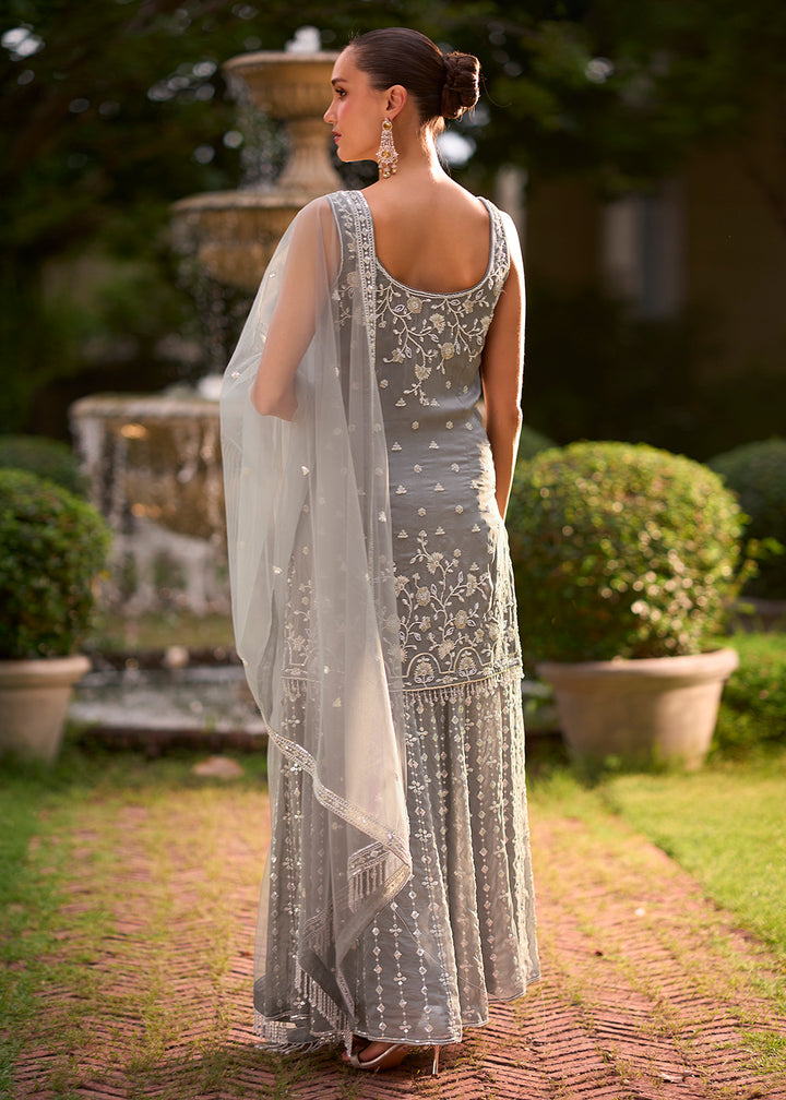 Shop Now Grey Moti &amp; Cutdana with Floral Work Party Sharara Suit Online at Empress in US, UK, Canada, Italy, Germany, France, Greece, Sweden, UAE &amp; Worldwide.