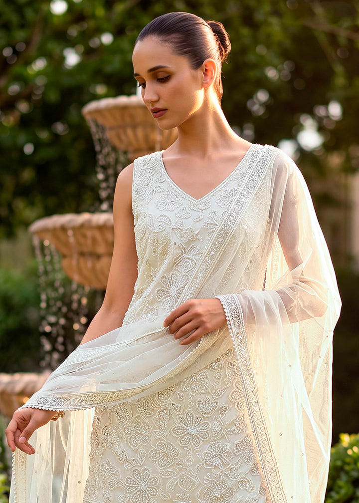 Shop Now Cream Moti &amp; Cutdana with Floral Work Party Sharara Suit Online at Empress in US, UK, Canada, Italy, Germany, France, Greece, Sweden, UAE &amp; Worldwide.