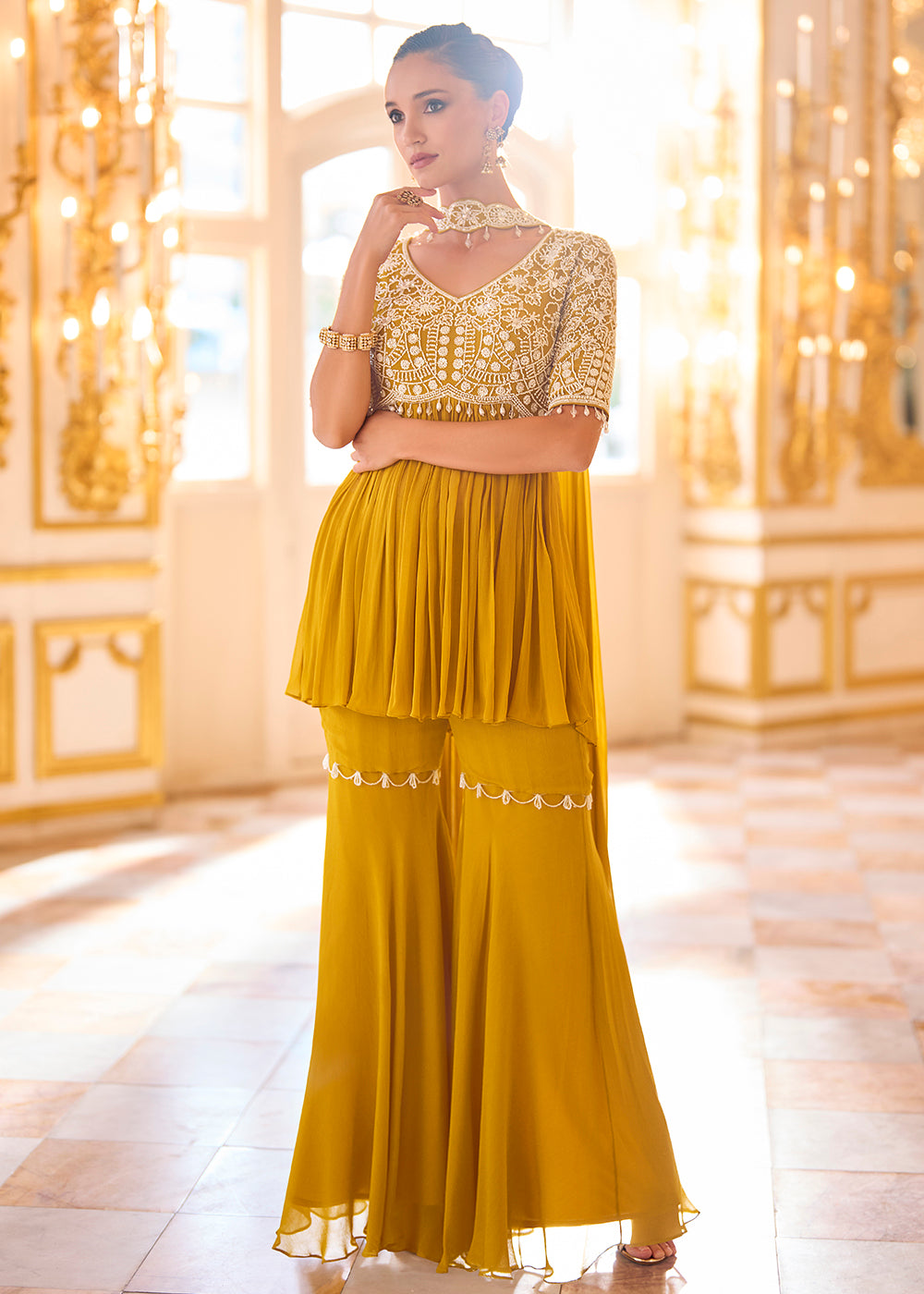 Buy Now Tuscan Gold Embroidered Peplum Style Set Online in US, UK, Canada, Netherlands, Germany, Italy, France, Greece, Denmark, Spain & Worldwide at Empress.