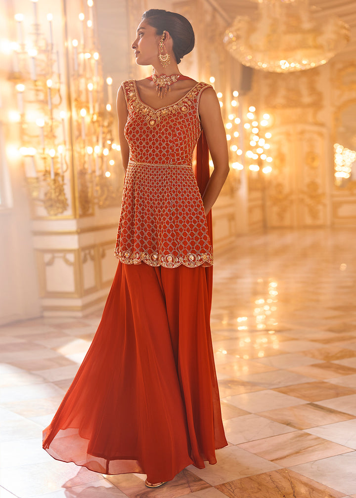 Buy Now Sienna Orange Embroidered Peplum Style Set Online in US, UK, Canada, Netherlands, Germany, Italy, France, Greece, Denmark, Spain &amp; Worldwide at Empress.
