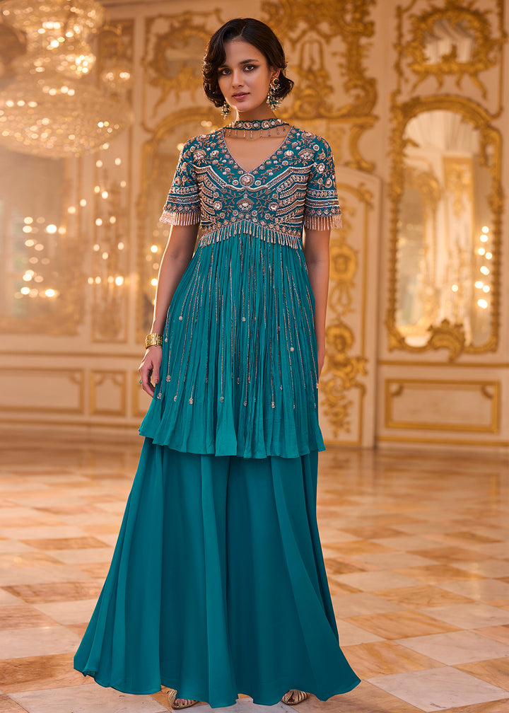 Buy Now Saphire Teal Embroidered Peplum Style Set Online in US, UK, Canada, Netherlands, Germany, Italy, France, Greece, Denmark, Spain &amp; Worldwide at Empress.