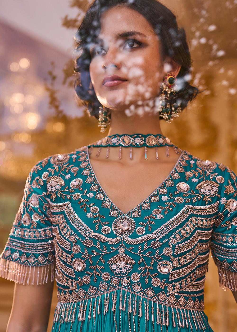Buy Now Saphire Teal Embroidered Peplum Style Set Online in US, UK, Canada, Netherlands, Germany, Italy, France, Greece, Denmark, Spain &amp; Worldwide at Empress.
