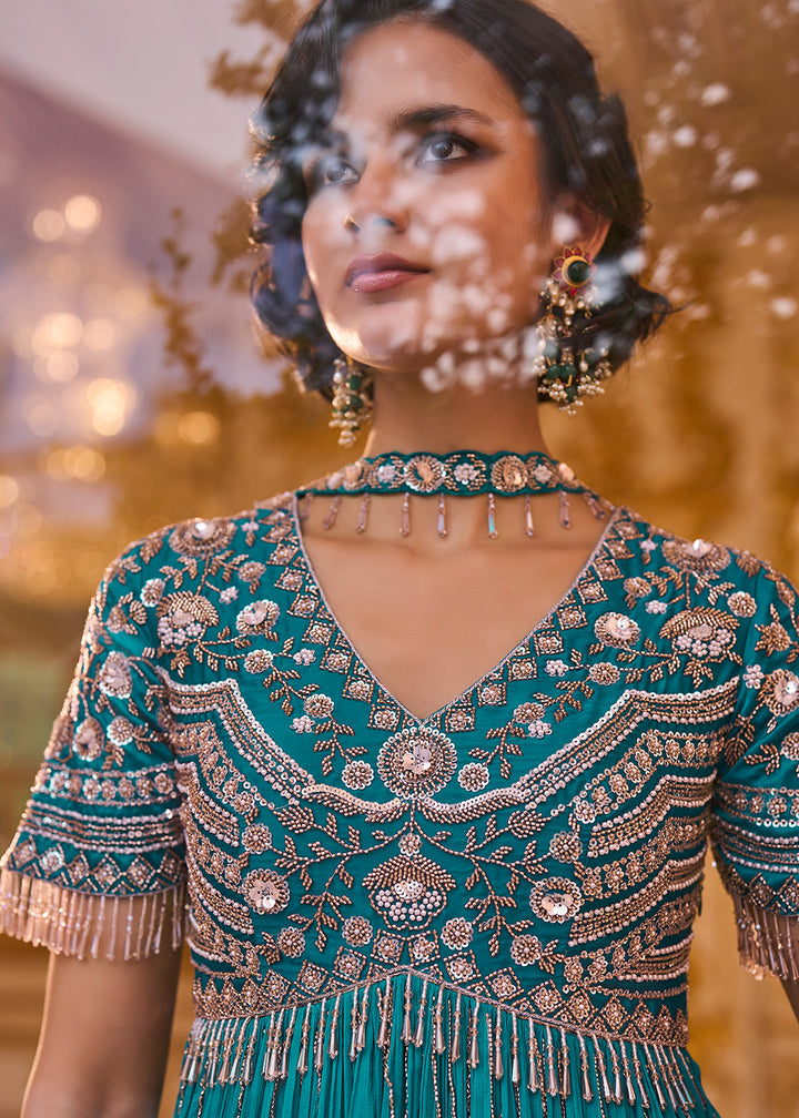 Buy Now Saphire Teal Embroidered Peplum Style Set Online in US, UK, Canada, Netherlands, Germany, Italy, France, Greece, Denmark, Spain &amp; Worldwide at Empress.