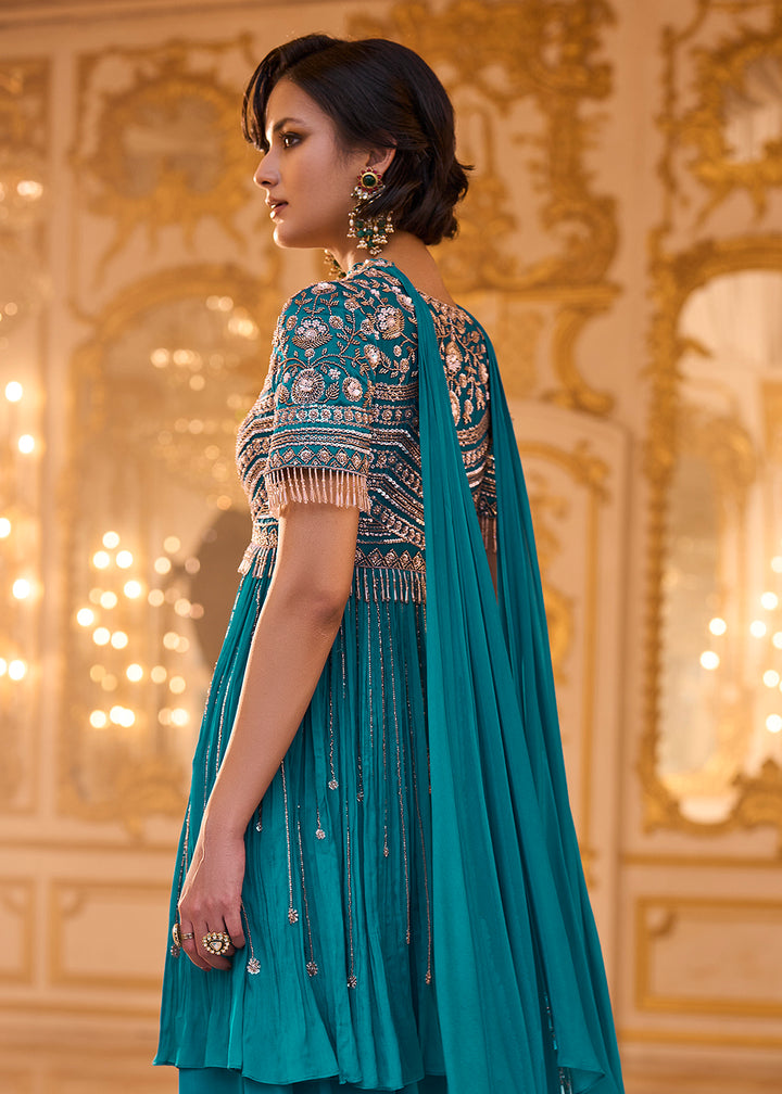 Buy Now Saphire Teal Embroidered Peplum Style Set Online in US, UK, Canada, Netherlands, Germany, Italy, France, Greece, Denmark, Spain &amp; Worldwide at Empress.