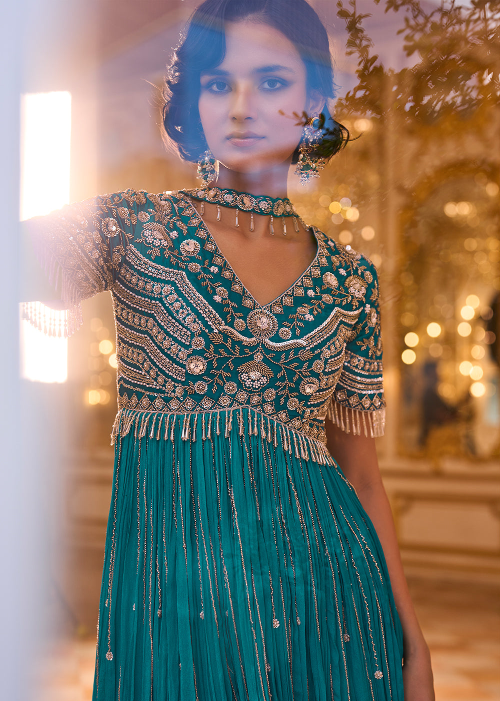 Buy Now Saphire Teal Embroidered Peplum Style Set Online in US, UK, Canada, Netherlands, Germany, Italy, France, Greece, Denmark, Spain &amp; Worldwide at Empress.