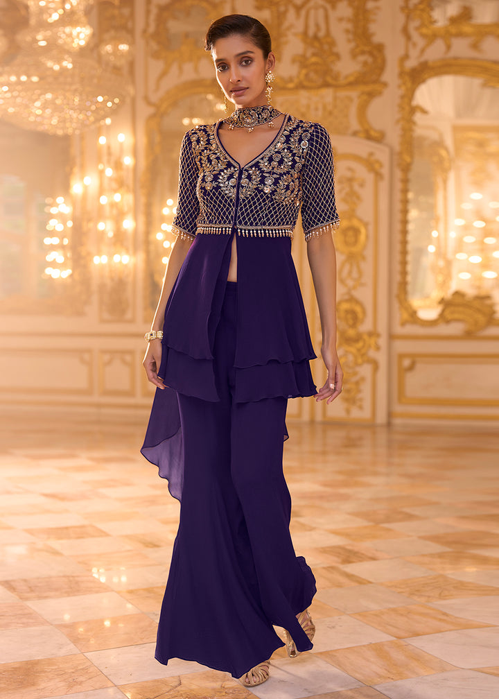Buy Now Enchanted Purple Embroidered Peplum Style Set Online in US, UK, Canada, Netherlands, Germany, Italy, France, Greece, Denmark, UAE &amp; Worldwide at Empress.
