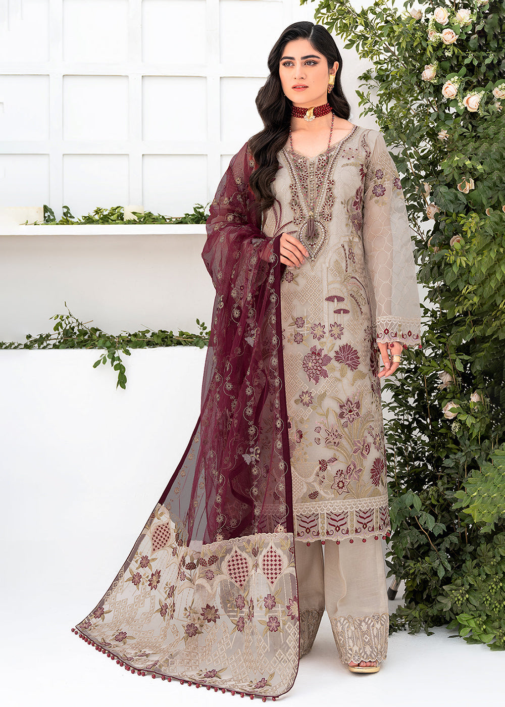 Buy Now Beige Organza Suit - Ramsha Minhal Collection Vol 8 - #M-806 Online in USA, UK, Canada & Worldwide at Empress Clothing. 