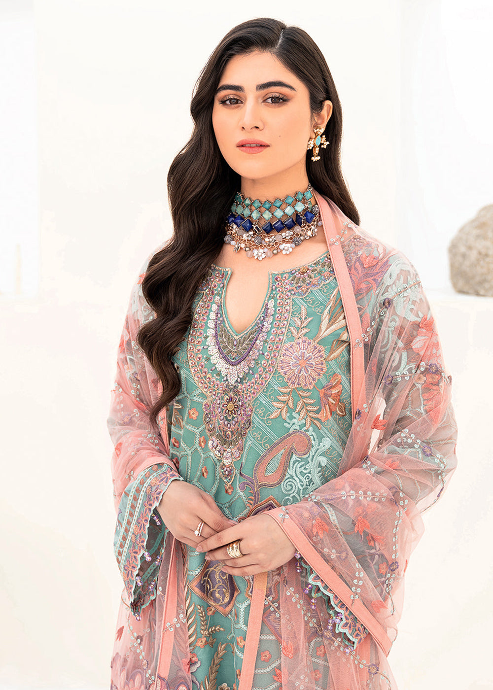 Buy Now Aqua Green Organza Suit - Ramsha Minhal Collection Vol 8 - #M-807 Online in USA, UK, Canada & Worldwide at Empress Clothing.