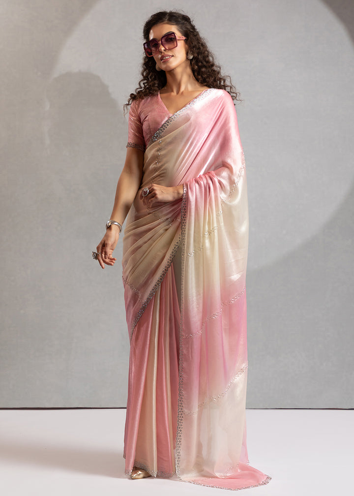 Buy Rose Pink & Off White Satin Silk Designer Saree Online in USA, UK, Canada, Spain, France, Germany, Italy, Austria, UAE, Singapore & Worldwide at Empress.