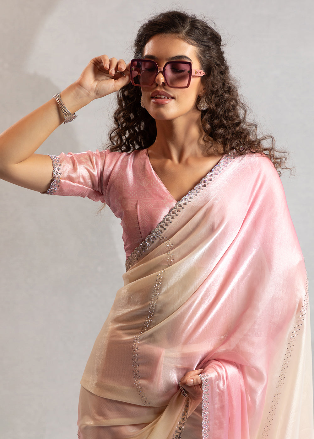 Buy Rose Pink & Off White Satin Silk Designer Saree Online in USA, UK, Canada, Spain, France, Germany, Italy, Austria, UAE, Singapore & Worldwide at Empress.