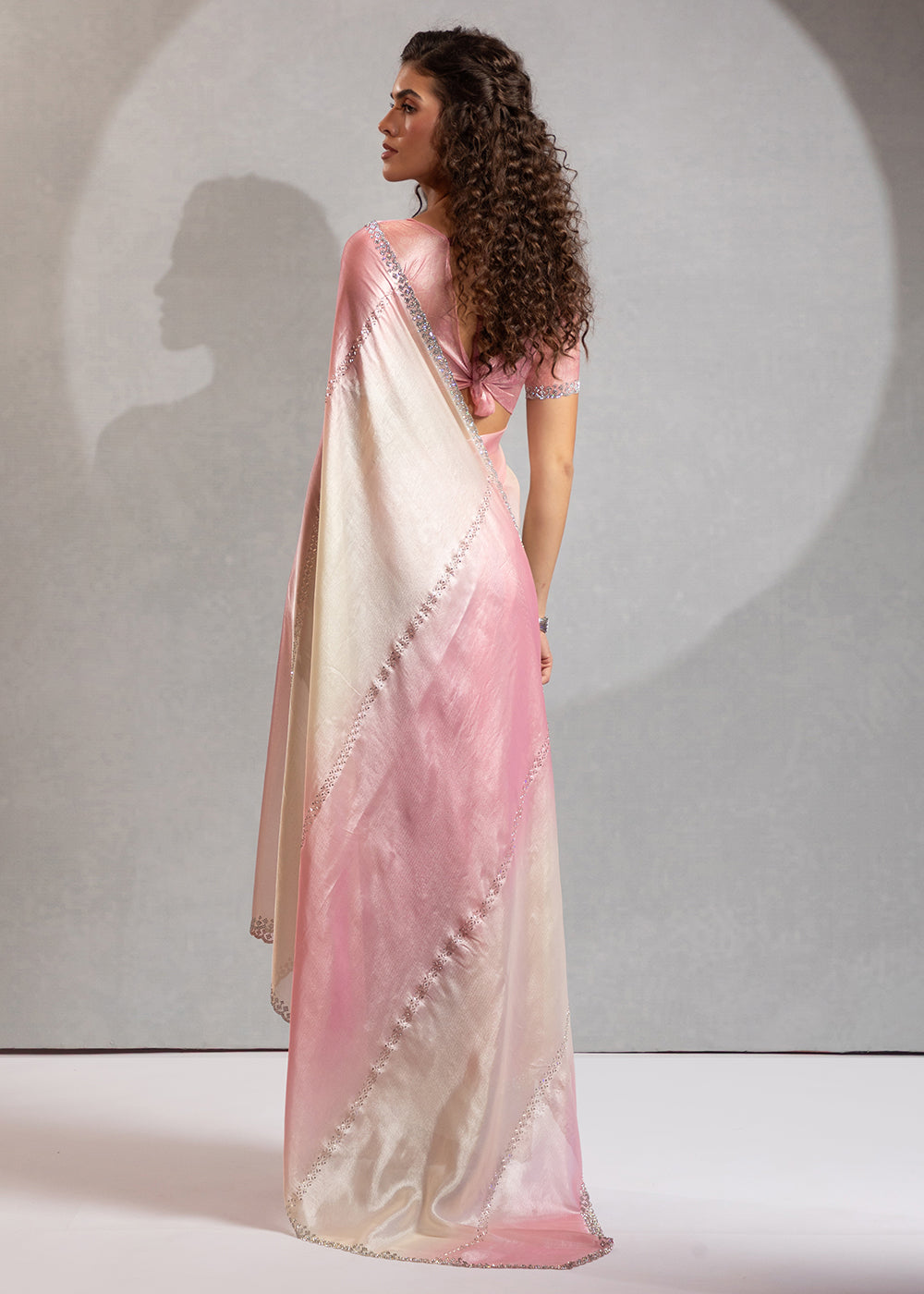 Buy Rose Pink & Off White Satin Silk Designer Saree Online in USA, UK, Canada, Spain, France, Germany, Italy, Austria, UAE, Singapore & Worldwide at Empress.