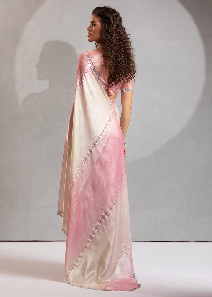Buy Rose Pink & Off White Satin Silk Designer Saree Online in USA, UK, Canada, Spain, France, Germany, Italy, Austria, UAE, Singapore & Worldwide at Empress.
