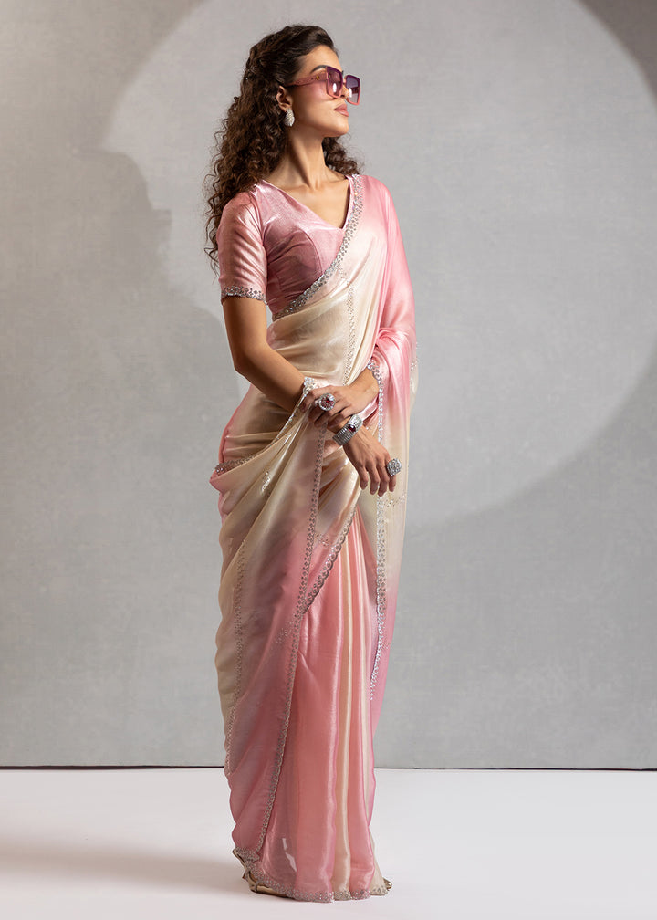 Buy Rose Pink & Off White Satin Silk Designer Saree Online in USA, UK, Canada, Spain, France, Germany, Italy, Austria, UAE, Singapore & Worldwide at Empress.