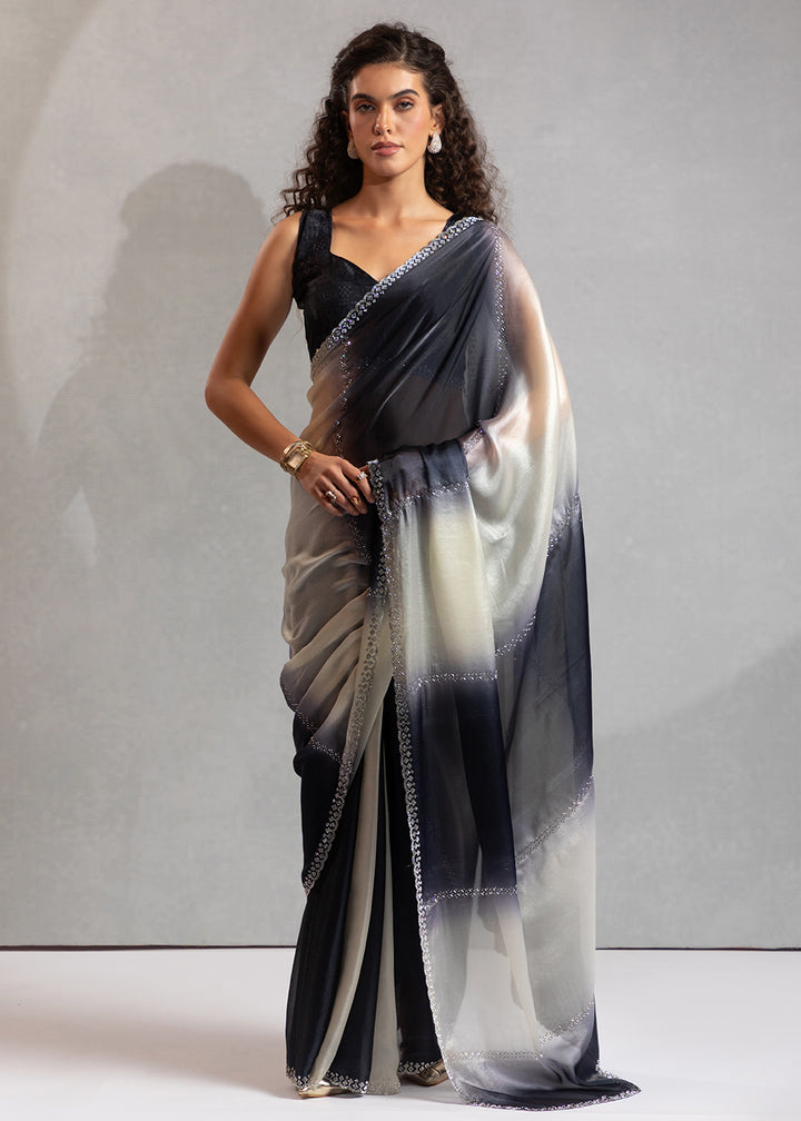 Buy Black & Off White Satin Silk Designer Saree Online in USA, UK, Canada, Spain, France, Germany, Italy, Austria, UAE, Singapore, Spain & Worldwide at Empress.