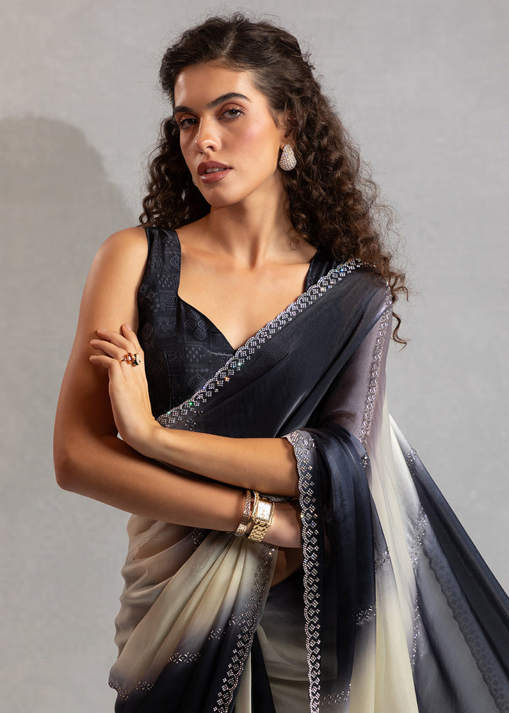 Buy Black & Off White Satin Silk Designer Saree Online in USA, UK, Canada, Spain, France, Germany, Italy, Austria, UAE, Singapore, Spain & Worldwide at Empress.
