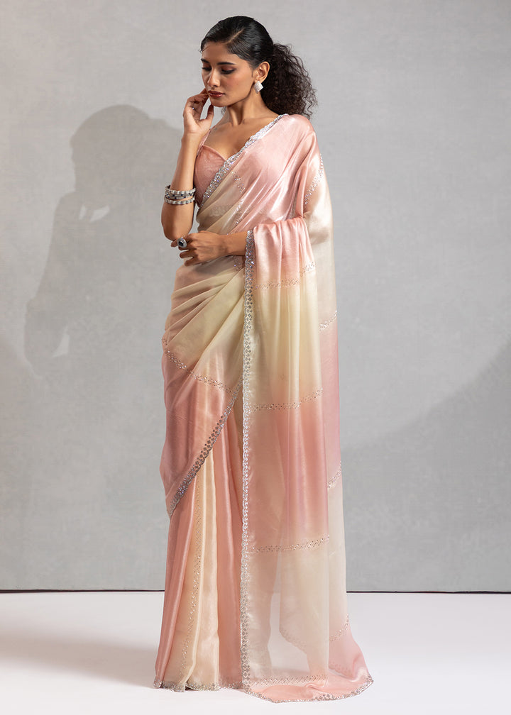 Buy Blush Pink & Off White Satin Silk Designer Saree Online in USA, UK, Canada, Spain, France, Germany, Italy, Austria, UAE, Singapore & Worldwide at Empress.