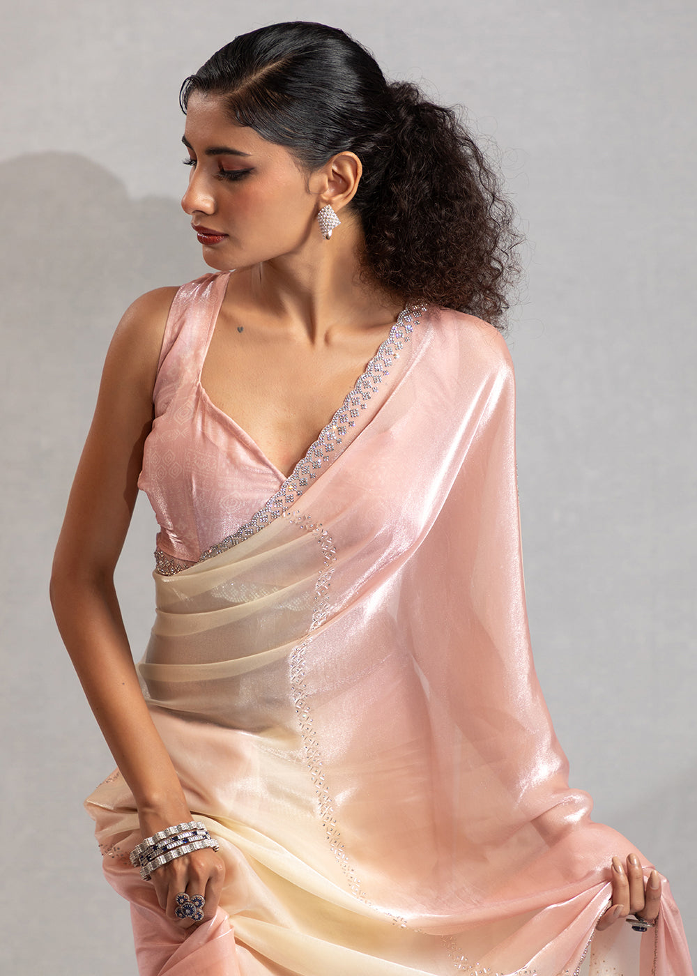 Buy Blush Pink & Off White Satin Silk Designer Saree Online in USA, UK, Canada, Spain, France, Germany, Italy, Austria, UAE, Singapore & Worldwide at Empress.