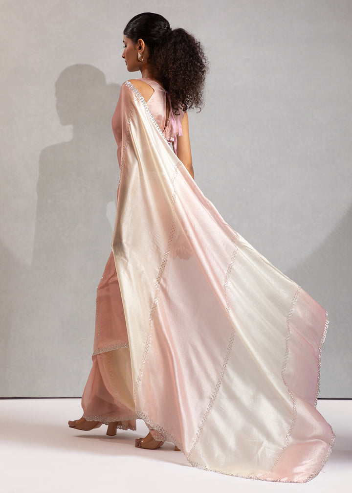 Buy Blush Pink & Off White Satin Silk Designer Saree Online in USA, UK, Canada, Spain, France, Germany, Italy, Austria, UAE, Singapore & Worldwide at Empress.