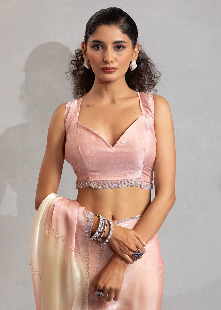 Buy Blush Pink & Off White Satin Silk Designer Saree Online in USA, UK, Canada, Spain, France, Germany, Italy, Austria, UAE, Singapore & Worldwide at Empress.