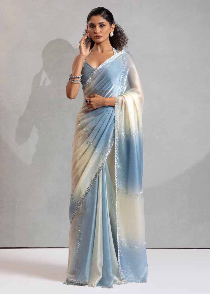 Buy Blue & Off White Satin Silk Designer Saree Online in USA, UK, Canada, Spain, France, Germany, Italy, Austria, UAE, Singapore, China & Worldwide at Empress.