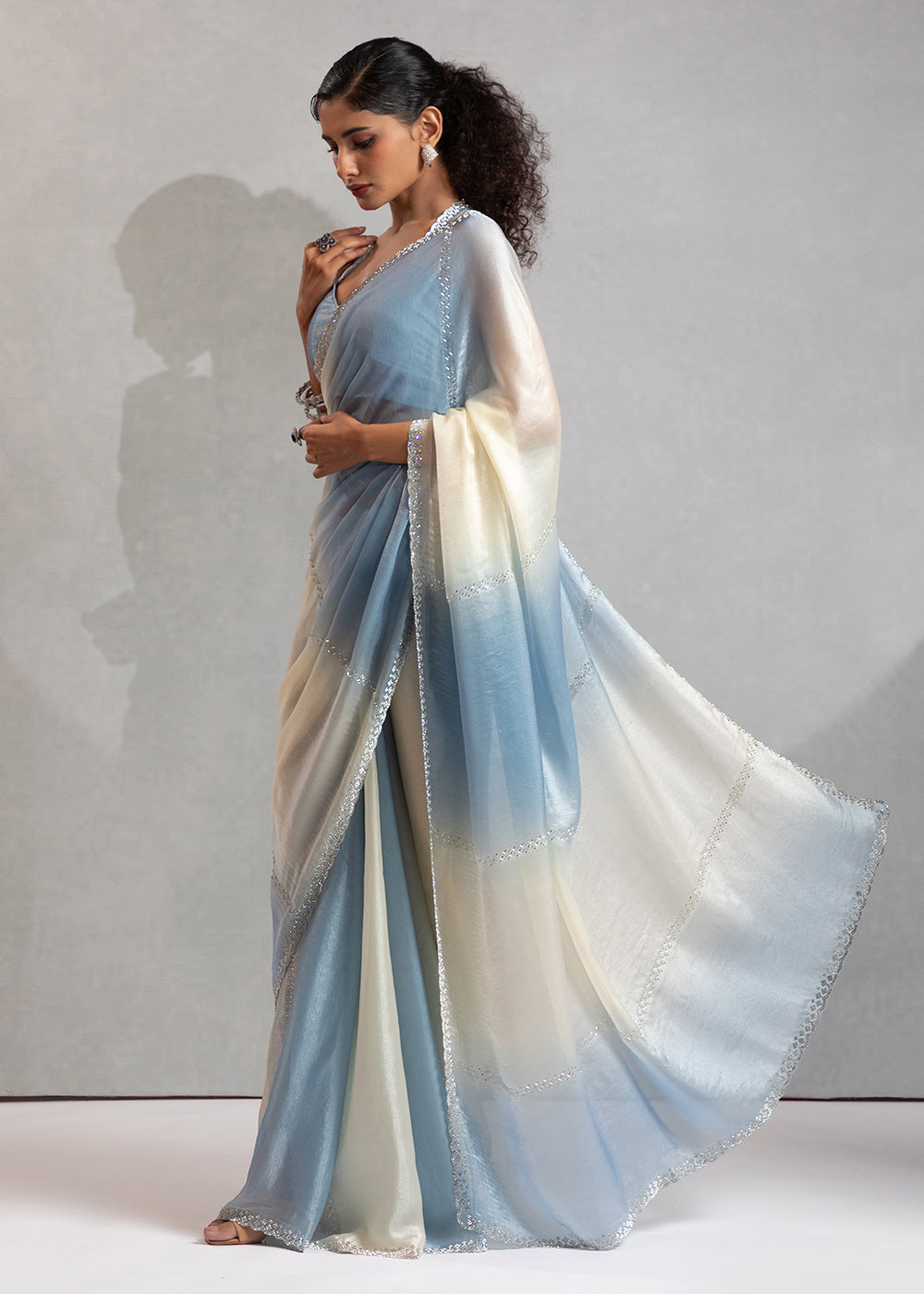 Buy Blue & Off White Satin Silk Designer Saree Online in USA, UK, Canada, Spain, France, Germany, Italy, Austria, UAE, Singapore, China & Worldwide at Empress.