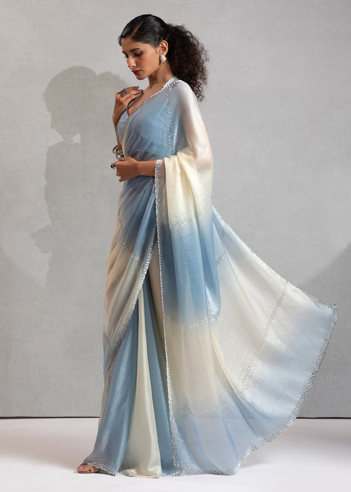 Buy Blue & Off White Satin Silk Designer Saree Online in USA, UK, Canada, Spain, France, Germany, Italy, Austria, UAE, Singapore, China & Worldwide at Empress.