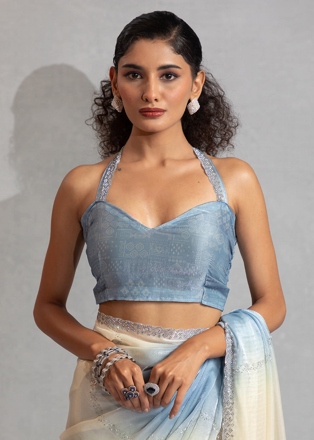 Buy Blue & Off White Satin Silk Designer Saree Online in USA, UK, Canada, Spain, France, Germany, Italy, Austria, UAE, Singapore, China & Worldwide at Empress.