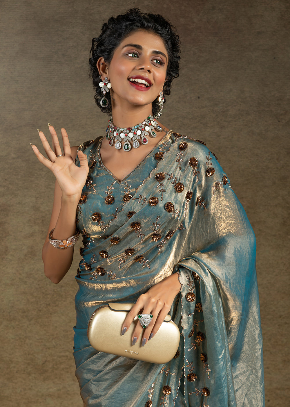 Blue Zarkan Work Embroidered Designer Party Wear Saree